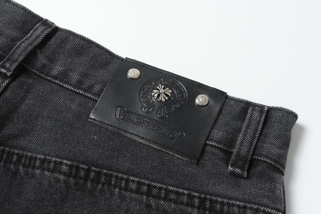Chrome Hearts White & Black Leather Cross Patches Jeans