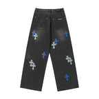 Chrome Hearts Grey & Blue Leather Cross Patches Jeans