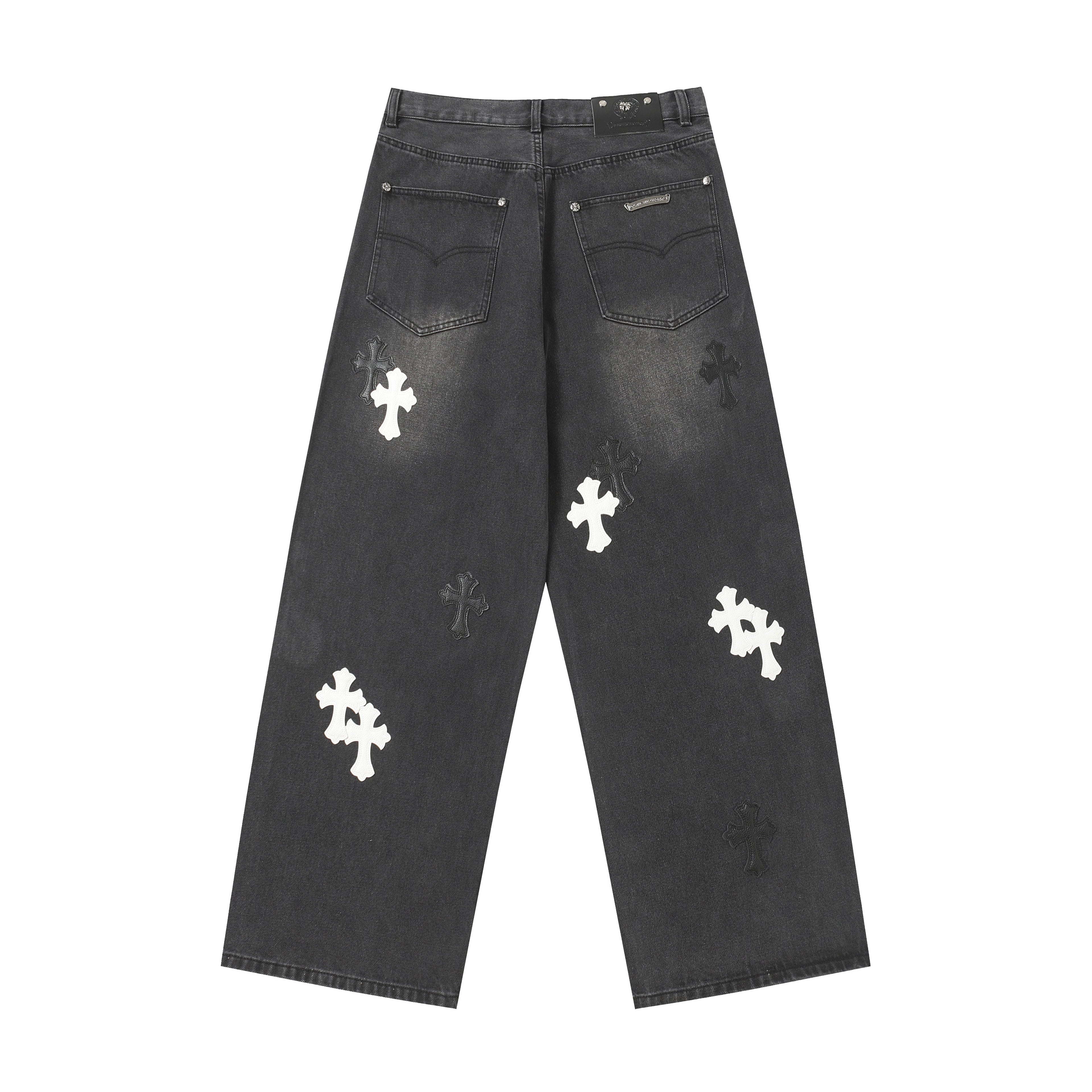 Chrome Hearts White & Black Leather Cross Patches Jeans