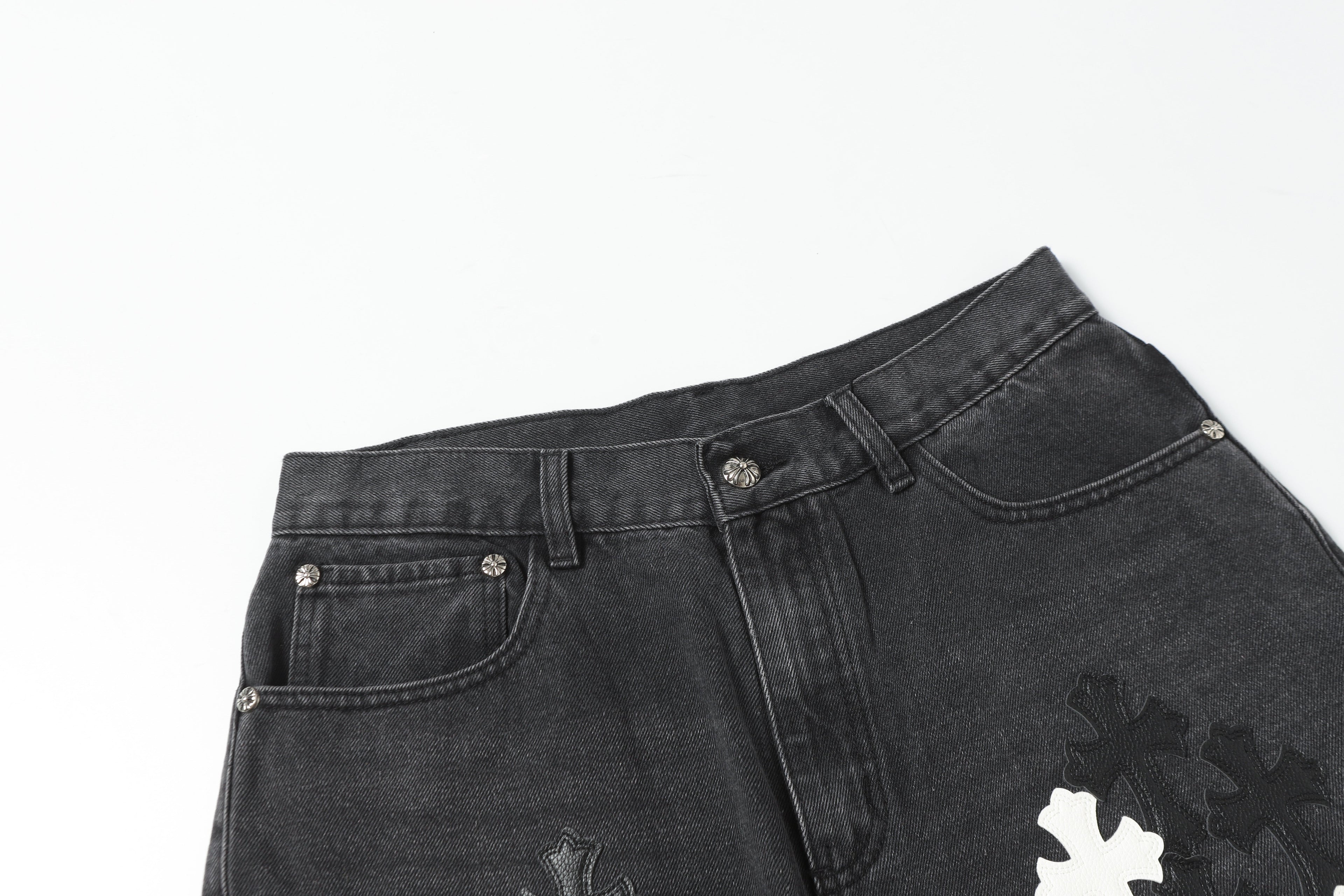 Chrome Hearts White & Black Leather Cross Patches Jeans