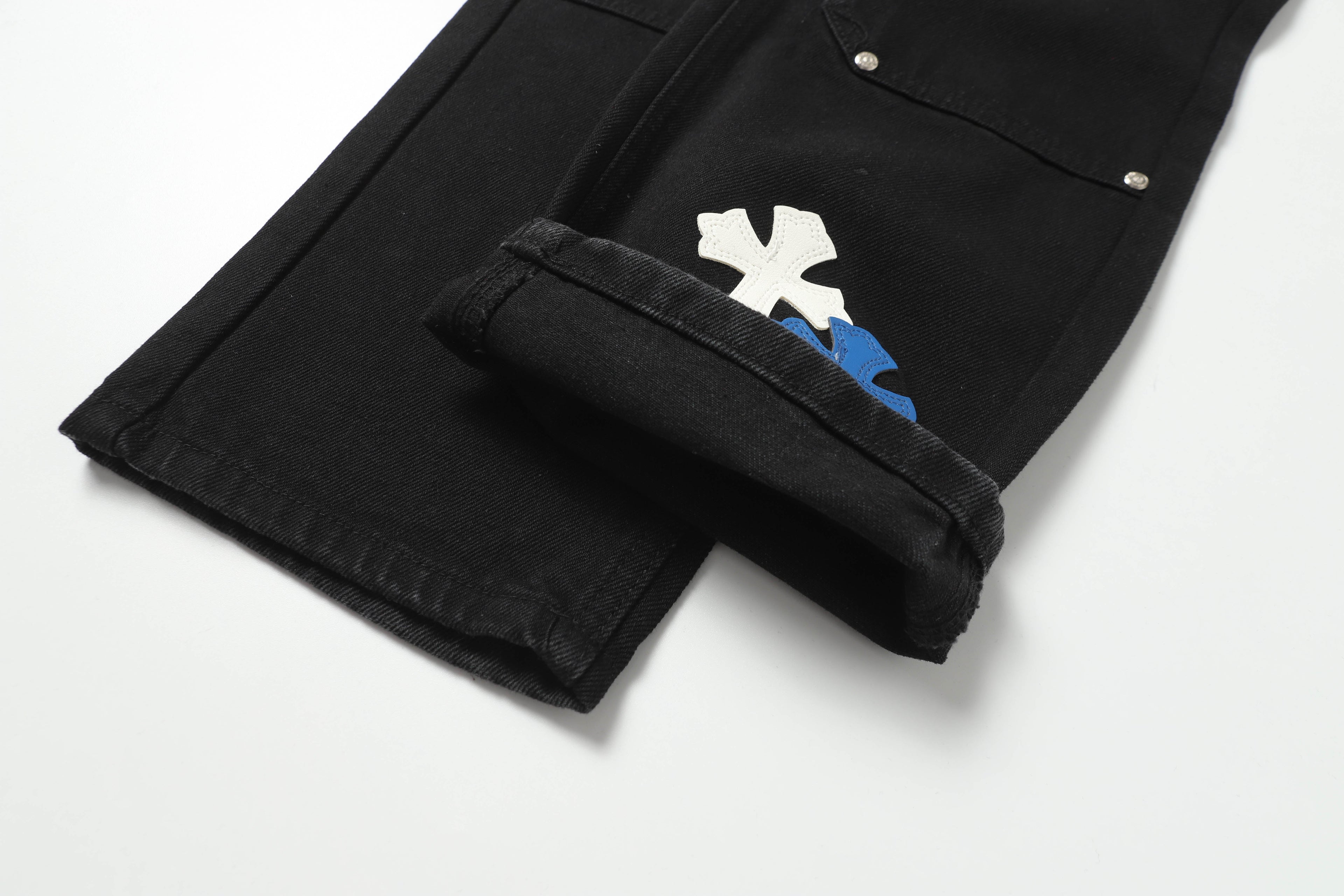 Chrome Hearts White & Blue Leather Cross Patches Jeans