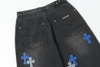 Chrome Hearts Grey & Blue Leather Cross Patches Jeans