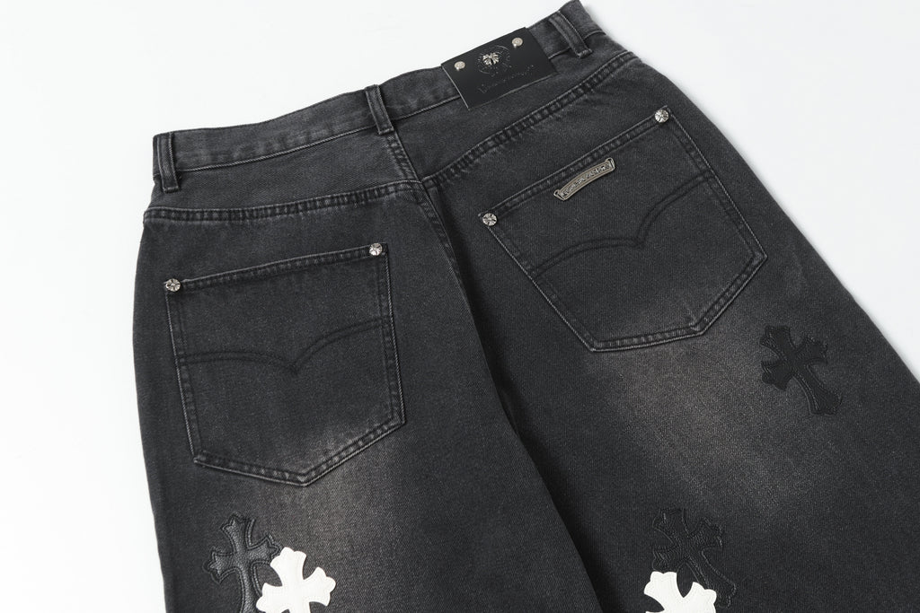 Chrome Hearts White & Black Leather Cross Patches Jeans