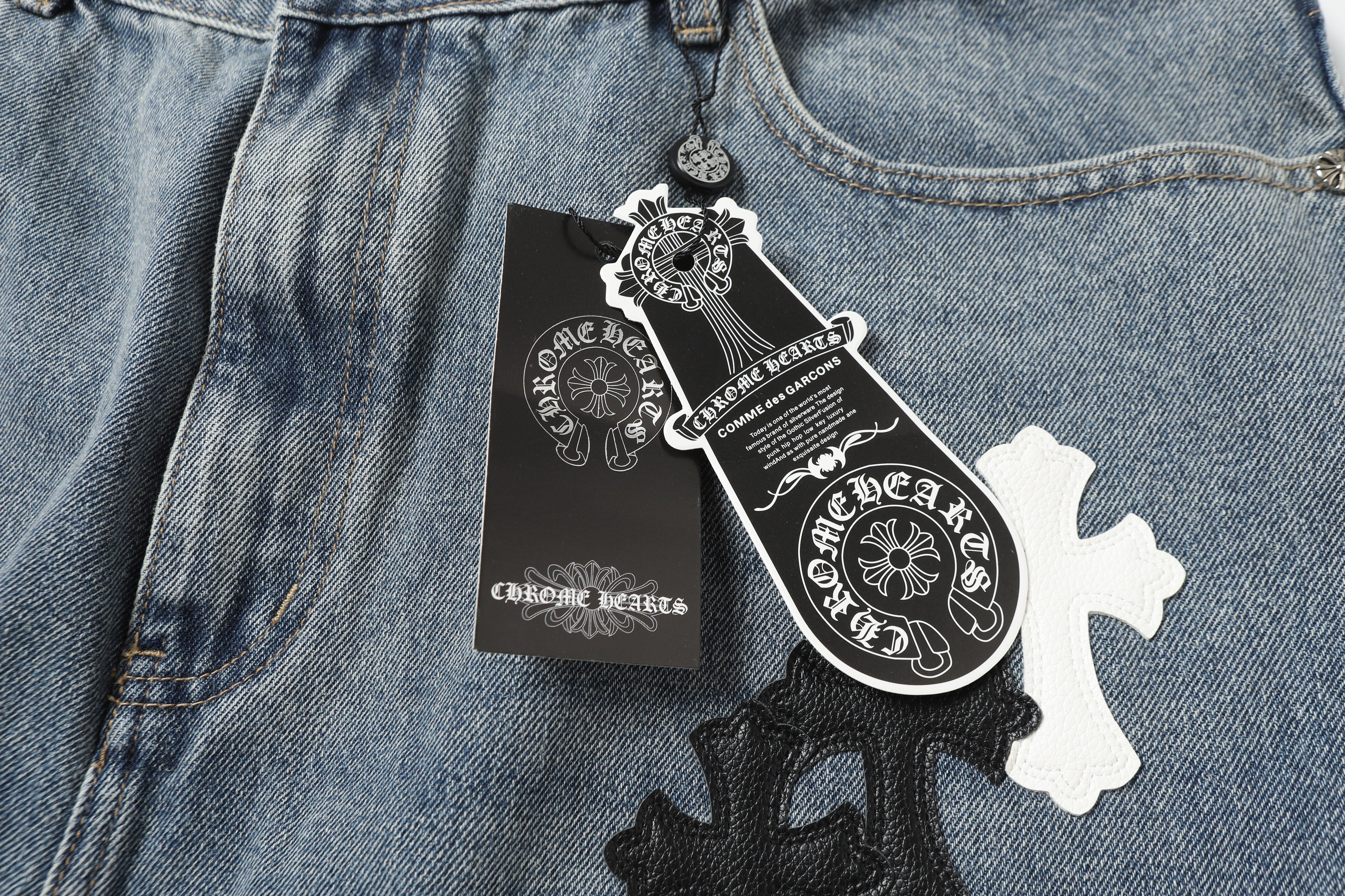 Chrome Hearts White & black Leather Cross Patches Jeans